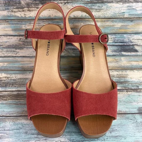 Lucky Brand Zashti Wedge Sandals Size 7.5M Currant Red Suede Womens - Picture 4 of 12